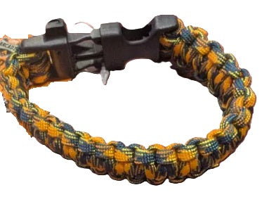Orange paracord bracelet with a black buckle on a white background