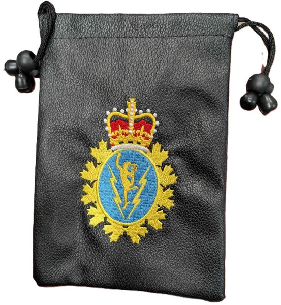 Black drawstring pouch with embroidered C&E Crest