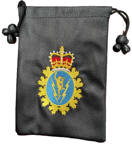 Black drawstring pouch with embroidered C&E Crest