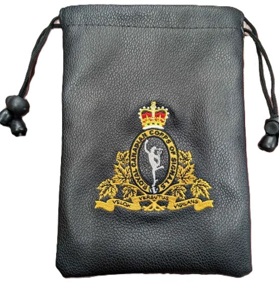 Black drawstring pouch with embroidered RCCS Crest