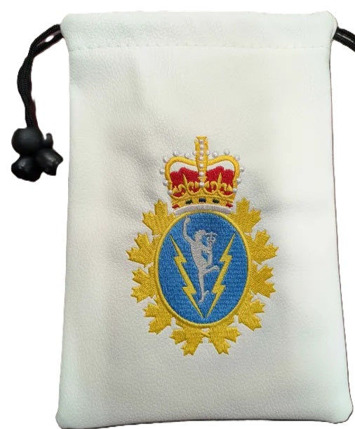 White drawstring pouch with embroidered C&E Crest