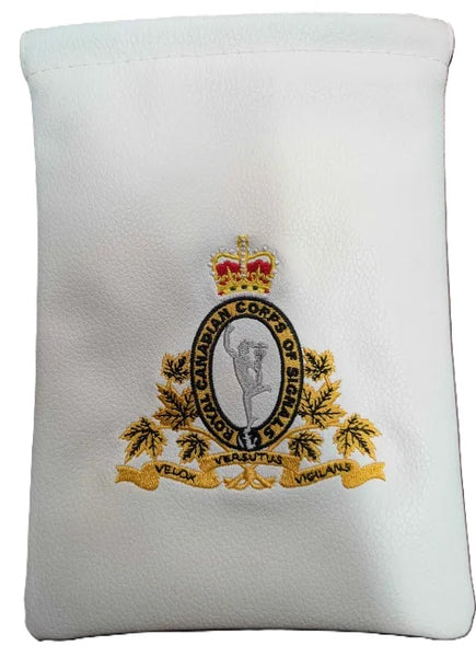 White drawstring pouch with embroidered RCCS Crest