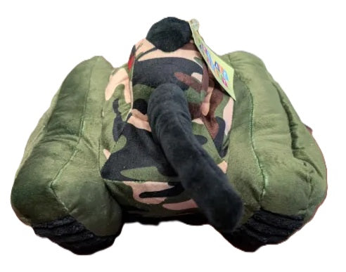 Tank with camo patten and green wheels and black canon