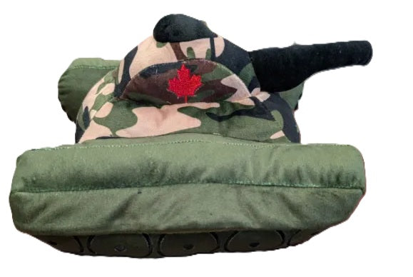 Tank with camo patten and green wheels, as well as embroidered maple leaf on top