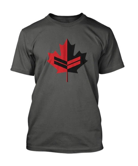 Gray t-shirt with a red and black maple leaf design, featuring cpl chevrons on a white background