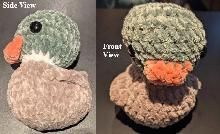 Crocheted duck toy shown from side and front views on a dark surface.
