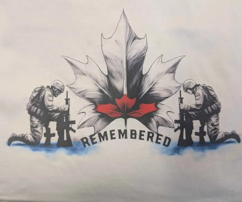 Artistic depiction of two soldiers kneeling with a red maple leaf and 'REMEMBERED' text on a light background.