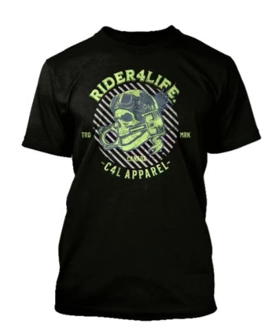 Black t-shirt with 'Rider4Life' graphic design on a white background