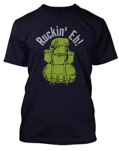 Navy blue t-shirt with green backpack graphic and 'Ruckin' Eh!' text on a white background