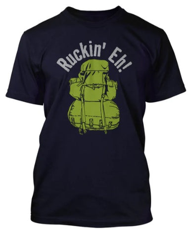 Navy blue t-shirt with green backpack graphic and 'Ruckin' Eh!' text on a white background