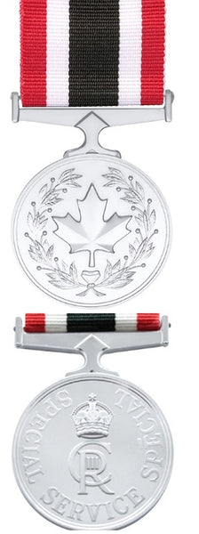 Front and back face of the silver Special Service Medal, also shown is the red, white and black ribbon. King's Cypher