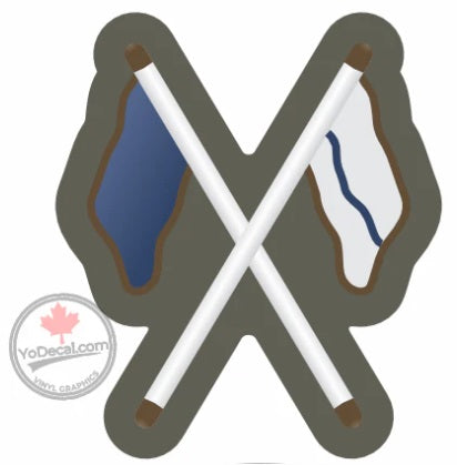 Crossed flags with blue and white flags on a gray background.