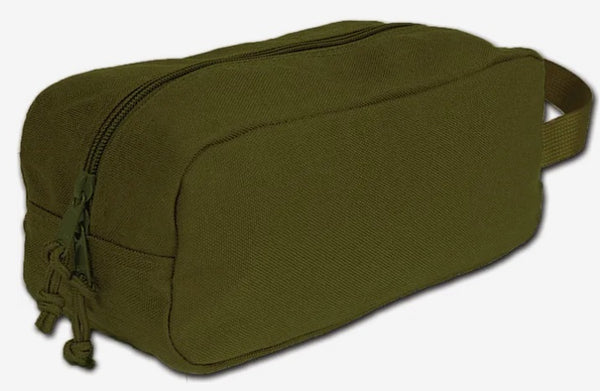 Green toiletry bag with a zipper on a white background