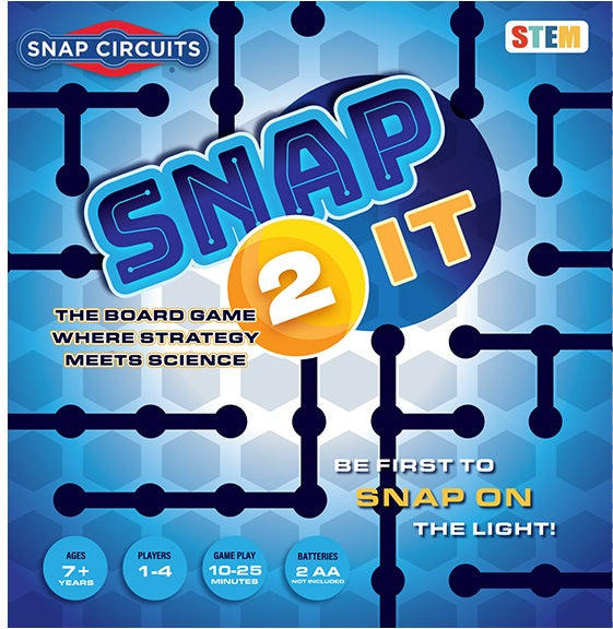 Snap Circuits 'Snap It 2' board game packaging on a blue background