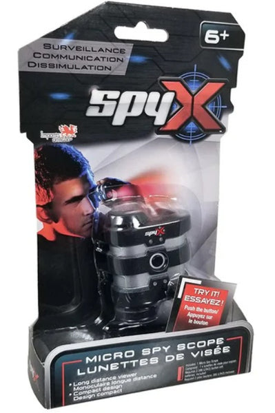 SpyX micro spy scope toy packaging with a child using the scope.