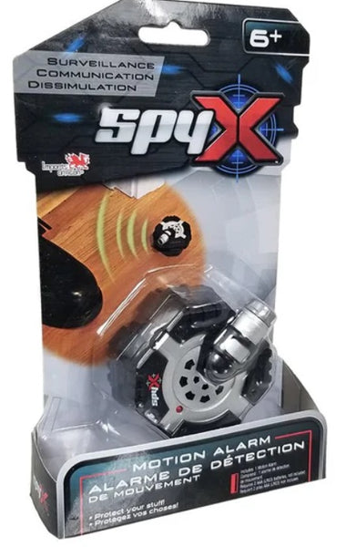 SpyX motion alarm packaging with toy figure inside