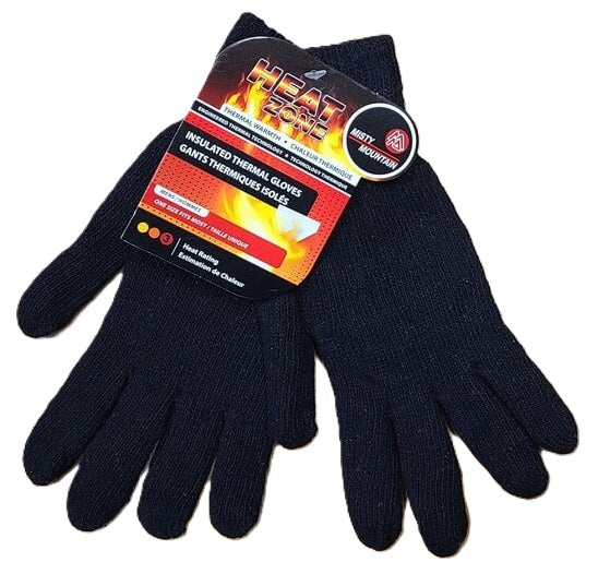 Pair of black insulated thermal gloves with a brand label on a white background