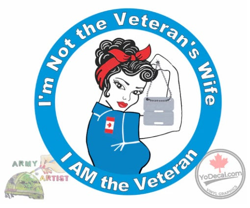 Sticker design with a woman in a blue uniform and red headband, text 'I'm Not the Veteran's Wife, I AM the Veteran', Air Force