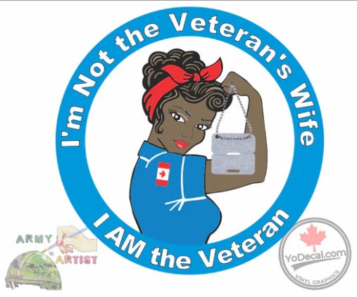 Sticker with a woman in military uniform and text 'I'm Not the Veteran's Wife, I AM the Veteran' with branding at the bottom. Air Force - Dark skin