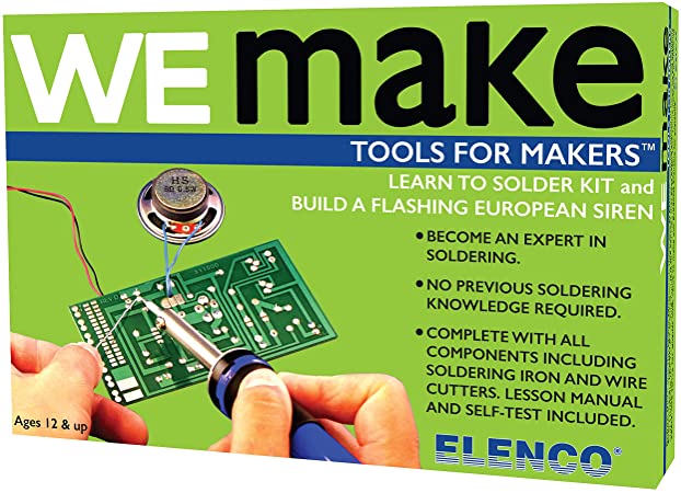 ELENCO soldering kit packaging with text and image of hands soldering a circuit board.