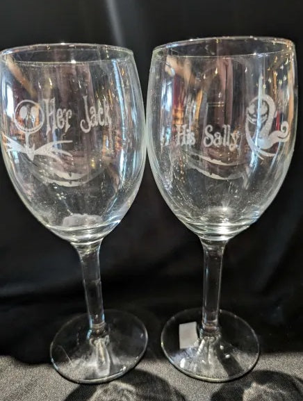 Pair of wine glasses engraved with images of Jack and Sally and texy Her Jack, His Sally