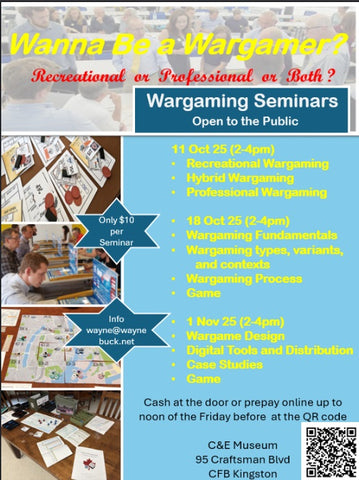 Advertisement for wargaming seminars with event details and images of people playing wargames. Text in product description