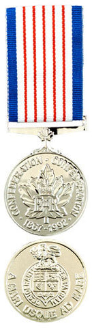 Front and back face of the silver Canada 125 medal. The Blue, whith and red ribbon is also shown.
