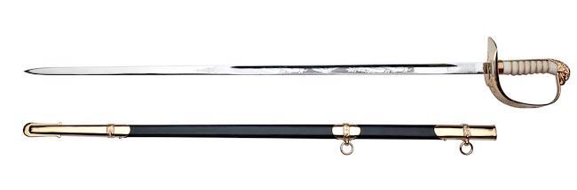 Full length of sword and scabbard.