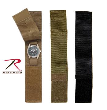 Three watch bands are shown; a tan band with tan watch, an olive drab band, and a black band.