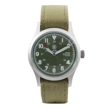Watch with a green face and olive drab strap.