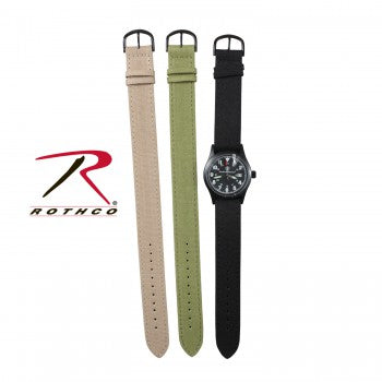 The three watch straps are shown; tan, olive drab and black. The Black watch strap has a watch with a black face attached.