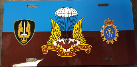 Metal License plate with airborne flag background and SSF, airborn, and C&E Crest