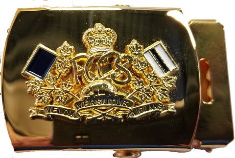 Gold belt buckle with the new RCCS uniform crest on it.
