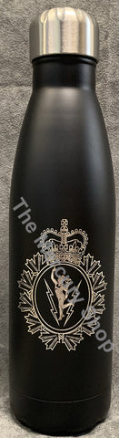 Black water bottle engraved with the C&E Crest