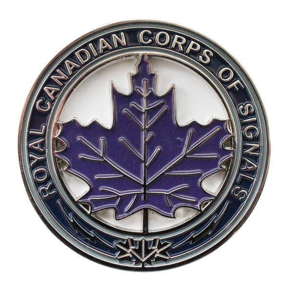 Coin with deep blue maple leaf in the center and text "Royal Canadian Corps of Signals" around the rim