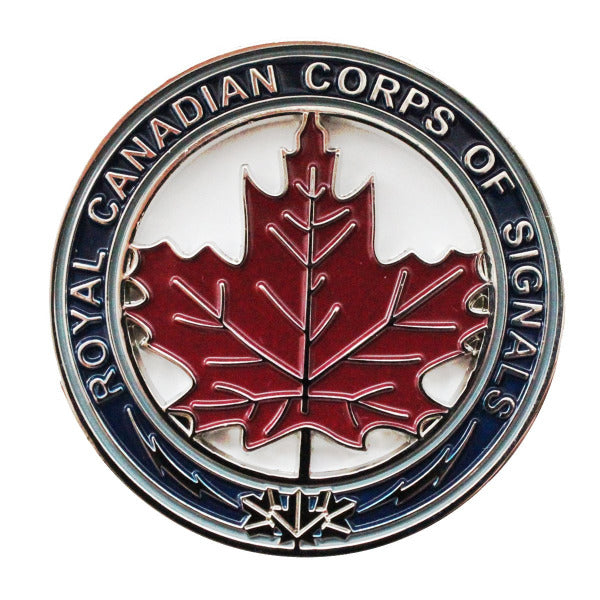 Coin with Maroon maple leaf in the center and text "Royal Canadian Corps of Signals" around the rim