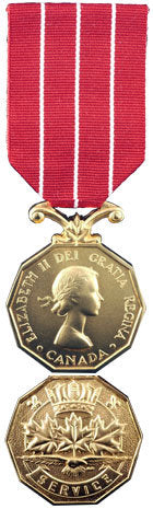 Gold coloured Canadian Forces Decoration medal showing the front andback faces of the medal. Also shown is the red ribbon with white stripes.