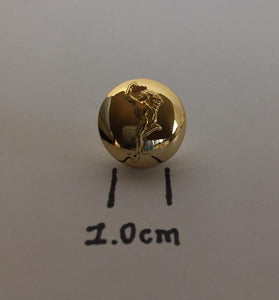 Gold C&E button showing 1 cm measurement. Button features Mercury (Jimmy).