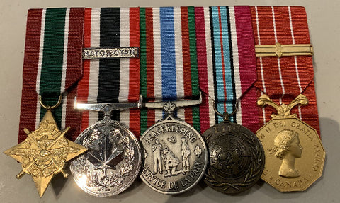 Court mounted medal rack featuring GCS-SWA, SSM with Nato bar, Peacekeeping, UNDOF, and CD with one bar