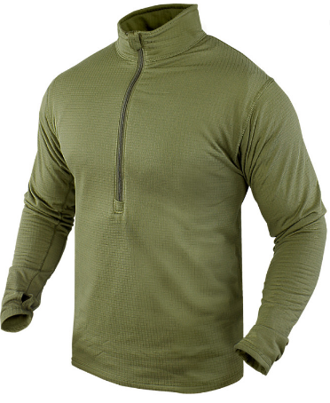 Green zip-up long sleeve shirt.
