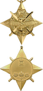 Front and back face of the gold General Campaing Star medal.