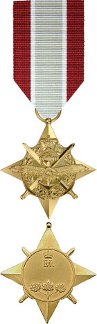 Front and back face of the gold General Campaing Star medal. Also shown is the red, wite and silver ribbon for Expedition missions.
