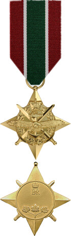 Front and back face of the gold General Campaing Star medal. Also shown is the Red, white and green ribbon or the South West Asia.