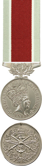 Front and back face of the silver General Service Medal. The ribbon is the silver, white and red, expeditin ribbon.