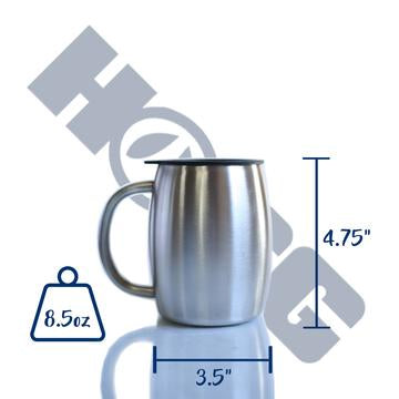 16 oz coffee mug size; 4.75" tall. 3.5" wide