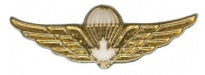 Gold jump wing lapel pin with white maple leaf