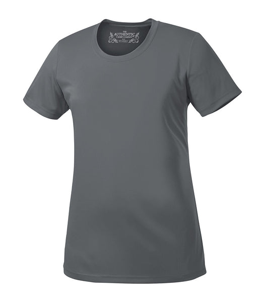 Front of grey dry-wick short sleever shirt for women.