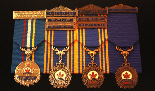 Royal Canadian legion medals court mounted. Medals are 90th anniversary, past officer with zone and deputy commander bar, past officer with secretary and chaplain bar, and past president. 