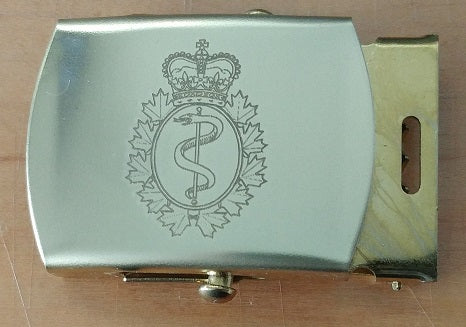 Gold belt buckle with the medical badge engraved.
