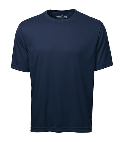 Front of navy dry-wick short sleeved shirt.